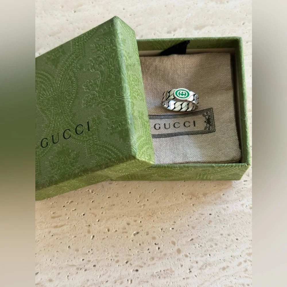 NWT Gucci Interlocking G Green Enamel Sterling Silver Ring Designer Size:20